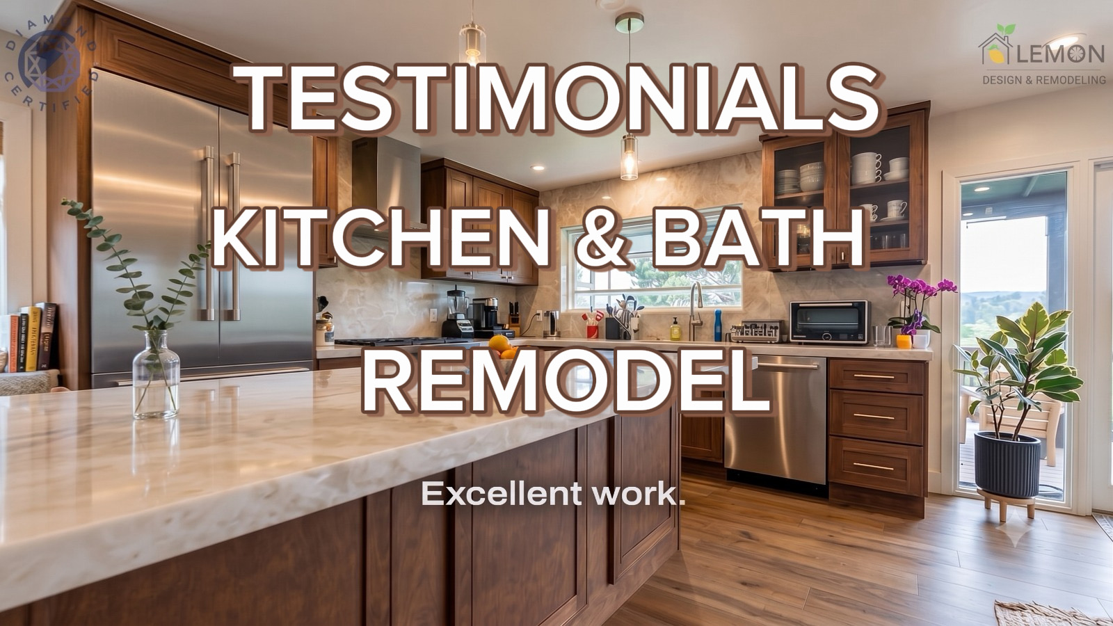 Modern kitchen remodel featuring warm wood custom cabinets, quartz waterfall island countertop, pendant lighting, stainless steel appliances, and a 'Testimonials Kitchen & Bath Remodel' text overlay by Lemon Design & Remodeling.