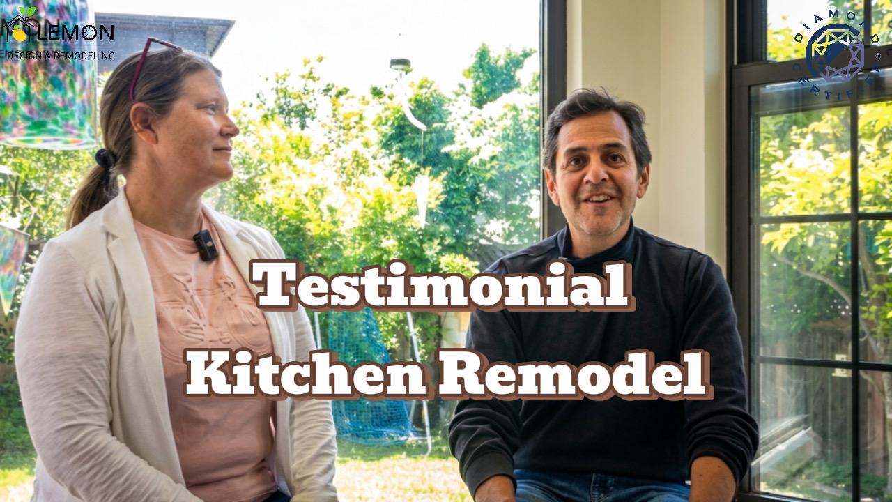 Dan and Sonia Elks sharing their kitchen remodel testimonial sitting in front of a window overlooking their backyard, featuring a 'Testimonial Kitchen Remodel' text overlay and the Lemon Remodeling and Diamond Certified logos.
