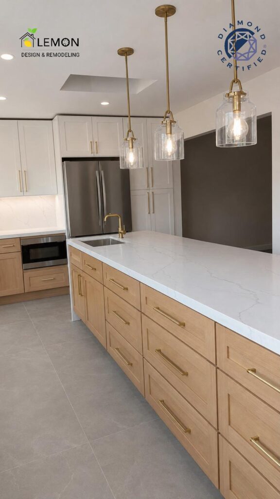 Modern two-tone kitchen remodel by Lemon Remodeling with quartz island, light wood cabinets, brass accents & grey tile.